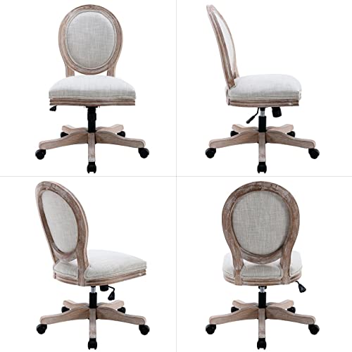 LukeAlon Vintage Linen Office Chair, Adjustable Height Swivel Task Chair with Wood Frame Armless Desk Chair with Wheels Upholstered Round Back Vanity Chair for Home Office Study Room, Beige LukeAlon