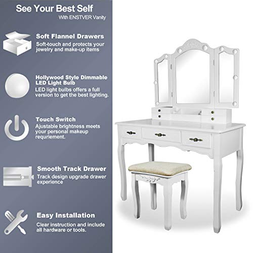 ENSTVER Vanity Beauty Station,Tri-Folding Mirrors,6 Organization 7 Drawers Makeup Dress Table with Cushioned Stool-White ENSTVER