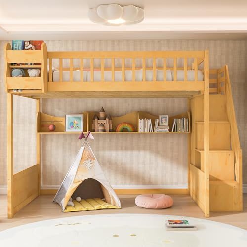 Merax Queen Size Wood Loft Bed Frame with Staircase,Storage Shelves & Wardrobe for Teens, Modern Loft Bed with Solid Slats, Guardrail, No Box Spring Required, Easy Assembly, for Bedroom, Natural Merax
