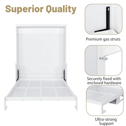 MoproBeti Wood Murphy Bed Queen Size, Space-Saving Hidden Foldable Wall Bed with Storage Shelf and Gas Struts for Bedroom,Guest Room,Home Office, Gym,No Box Spring Needed, White MoproBeti