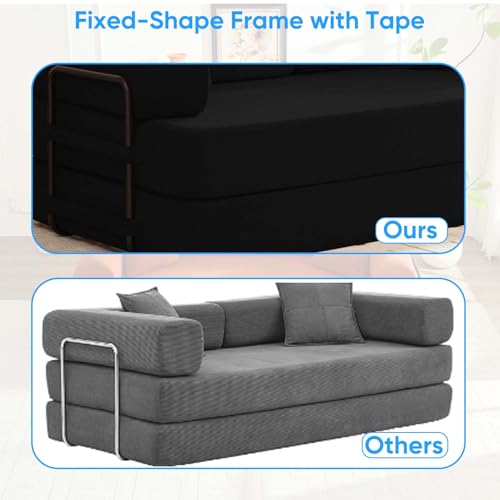 Mjkone 78.7"W Convertible Folding Mattress Couch with Armrest, Corduroy Floor Sofa Bed with Metal Fixed-Shape Frame, 5-in-1 DIY Futon Lazy Sofa Cama Lounge Couch for Living Room Bedroom Studio, Black Mjkone