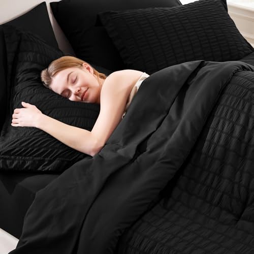 CozyLux Twin XL Comforter Set with Sheets Seersucker Black 5 Pieces Bed in a Bag, Twin Extra Long Luxury Soft Bedding Sets for College Dorm with Down Alternative Comforter, Sheets, Pillowcase & Sham CozyLux