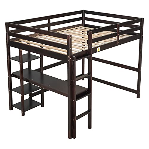 Bellemave Full Size Loft Bed with Desk and Storage Shelves for Kids - Espresso - WoodArtSupply