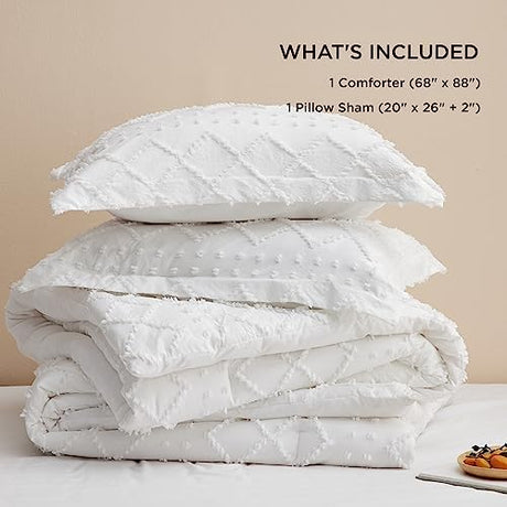 Bedsure Twin Comforter Set - White Boho Twin Comforter, Shabby Chic Dorm Bedding Set for Kids, 2 Pieces Modern Farmhouse Bed Set, Includes 1 Pillow Sham Bedsure