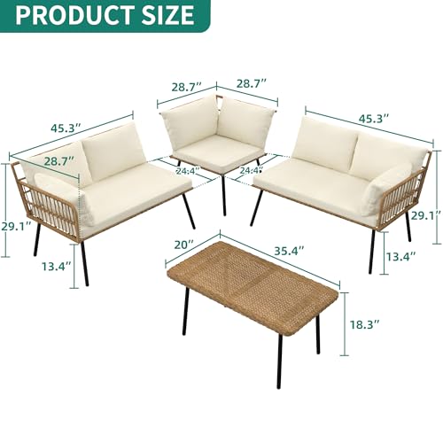 YITAHOME 4 Pieces Patio Furniture Set, Outdoor Rattan Woven Conversation Sectional L-Shaped Sofa with 5 Seater for Backyard, Porch, Boho Detachable Lounger with Cushions and Side Table - Beig - WoodArtSupply