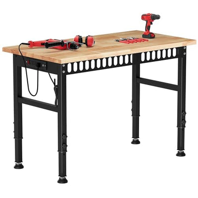 Antifir 48'' Adjustable Workbench with Power Outlets, Rubber Wood Top Heavy Duty 2000 LBS Load Capacity Workstation for Garage, Workshop, Commercial,Office,Home