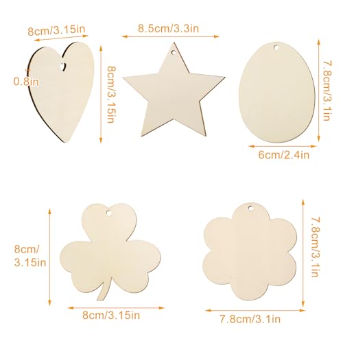 Tmflexe 50 Pcs Unfinished Paintable Blank Wooden Spring Festival Decoration Ornaments, Valetine's Day Easter St.Patrick Tree Hanging Wood Slices for Kids DIY Art Crafts, Hearts,Stars, Eggs, Flowers Tmflexe