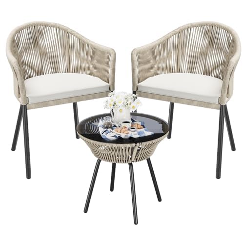 Flamaker 3 Piece Patio Set Outdoor Wicker Patio Chairs with Coffee Table & Cushions Bistro Conversation Set Porch Furniture for Patio, Balcony, Deck, Backyard Flamaker