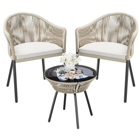 Flamaker 3 Piece Patio Set Outdoor Wicker Patio Chairs with Coffee Table & Cushions Bistro Conversation Set Porch Furniture for Patio, Balcony, Deck, Backyard Flamaker