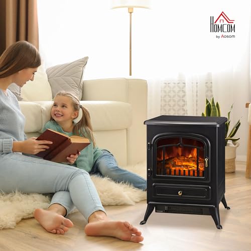 HOMCOM 22" Electric Fireplace Heater, Freestanding Fire Place Stove with Realistic LED Flames and Logs, and Overheating Protection, 725W/1450W, Black HOMCOM
