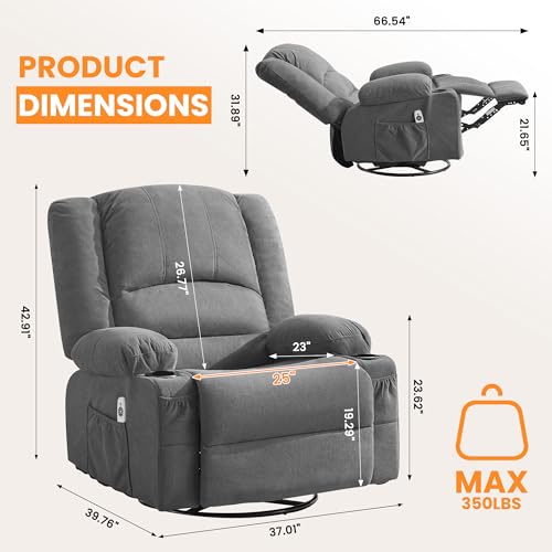 Oversized Recliner Chair with Massage and Heat for Adults, 360° Swivel Rocking Recliner, Big Seat Living Room Chair with Ergonomic Design, Cup Holders and Side Pockets