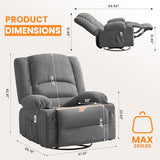 Oversized Recliner Chair with Massage and Heat for Adults, 360° Swivel Rocking Recliner, Big Seat Living Room Chair with Ergonomic Design, Cup Holders and Side Pockets