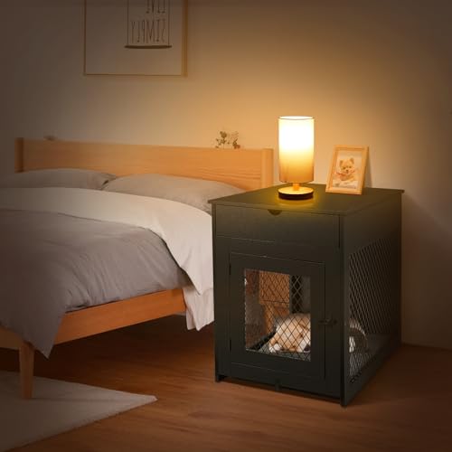 BOEASTER Dog Crate Furniture End Table, Wooden Furniture-Style Dog Crates Indoor Kennel Side Table Nightstand with Storage Drawer & Cushion & Tray for Small Dogs Indoor Use