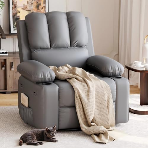 GarveeHome Recliner Chairs, Classic Manual Leather Recliner, Home Theater Seating with Lumbar & Arms Support for Living Room, Bedroom and Nursery (Grey-22“)