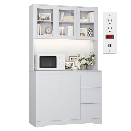 Finetones 71" Modern Grey Kitchen Pantry Cabinet with LED Lighting and Charging Station - WoodArtSupply