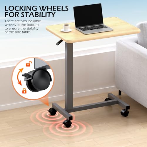 WOTURE Adjustable Overbed Table with Wheels, Bedside Rolling Table, Pneumatic Height Adjustment, Hospital Bed Table on Wheels, Standing Desk, Bedridden & Mobility Needs, Maple WOTURE