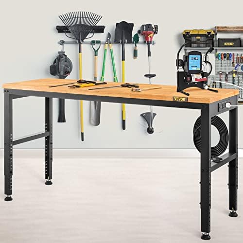VEVOR Workbenches, 11-Level Adjustable Workbench with 2000 LBS Load Capacity, 48" L X 20" W Work Benches with Power Outlets & Metal Frame & Foot Pads, Hardwood Work Bench for Office Home Garage VEVOR