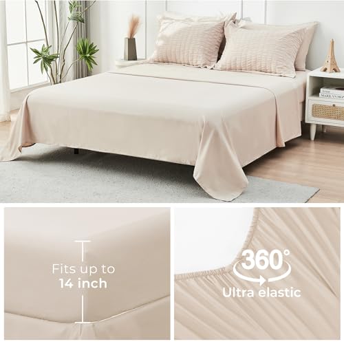 HYMOKEGE Beige Full Size Comforter Sets Seersucker 7 Pieces, All Season Luxury Bed in a Bag for Bedroom, Bedding Set with Comforters, Sheets, Pillowcases & Shams HYMOKEGE