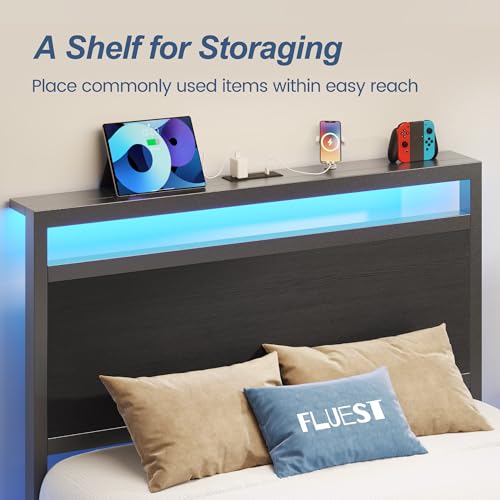 Fluest Twin Bed Frame with Headboard & Footboard, Twin Bed Frame with Charging Station & LED Light, Under-Bed-Storage, No Box Spring Needed, Noise Free, Easy Assembly, Classic Black Fluest