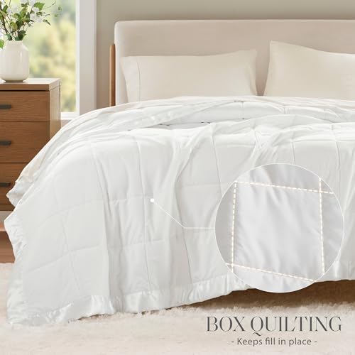 Madison Park Windom Down Alternative Blanket, Premium 3M Scotchgard Moisture Wicking Treatment, Lightweight and Soft Bed Cover For All Season, Satin Trim, White Twin Madison Park