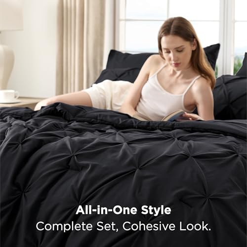 Bedsure Queen Comforter Set Black - Bed in a Bag Queen Size Bedding 7 Pieces, GentleSoft™ Pintuck Bed Set Gift for Family, Pinch Pleat All Season Comforter with Sheets, Pillowcases & Shams Bedsure