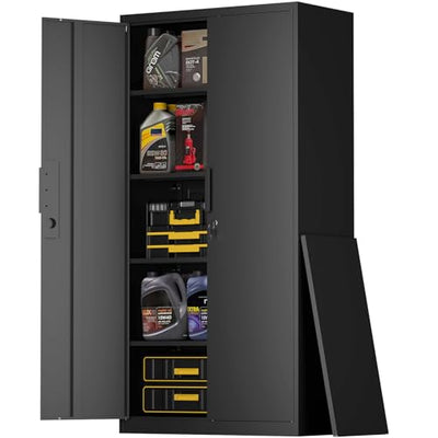 FATIGOS 72''H Tall Metal Garage Storage Cabinet with Lock, Metal Storage Cabinets with Doors and 4 Adjustable Shelves, Heavy Duty Steel Locker for Garage, Warehouse, Home Office, Black