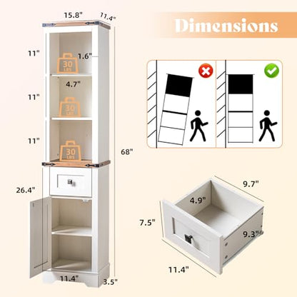 AMERLIFE Tall Bathroom Storage Cabinet, 68" H Farmhouse Slim Storage Cabinet with Door& 5 Adjustable Shelves& Drawers, Toilet Storage, Kitchen Cabinet Storage, Antique White & Barnwood