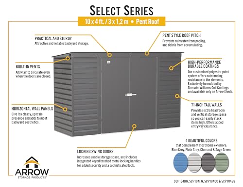 Arrow Select 10' x 4' Outdoor Lockable Steel Storage Shed Building, Flute Grey Arrow