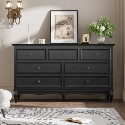 May in Color 7 Drawers Dresser for Bedroom, Modern Dresser with Distinctive Wooden Legs & Black Paint Finish, Black Drawer Dresser with Spacious Storage Space for Bedroom, Living Room, Hallway