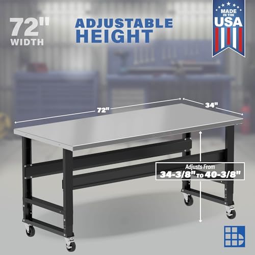 Borroughs® 72" Rolling Adjustable Workbench, 12-Gauge Stainless Steel Top Heavy-Duty Workstation, 1000 LBS Load Capacity Worktable for Workshop, Borroughs