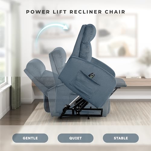 Lexicon Power Lift Recliner Chair for Elderly with Remote Control, Gentle Lift Motion, Side Pocket Armrest, Corduroy Upholstered Electric Recliner for Living Room/Bedroom, Easy Assembly, Midnight Blue
