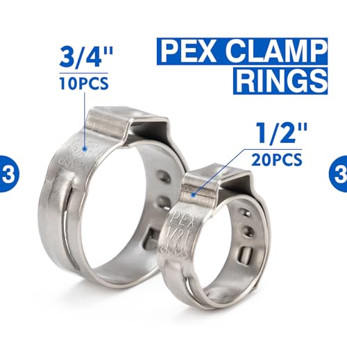iCrimp PEX Clamp Tool Kit for 3/8-in, 1/2-in, 3/4-in, 1-in PEX Clamp Cinch & Removal, c/w 1/2''(20 Pack) and 3/4''(10 Pack) PEX Clamp Rings, PEX Tubing Cutter iCRIMP