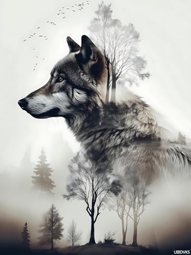 UIBDVKS Black and White Wolf 5D Diamond Painting Kits for Adults, Wildlife Wolf with Trees Diamond Art Kits for Gift Home Wall Decor 12x16 inch UIBDVKS