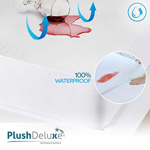 PlushDeluxe Premium Bamboo Mattress Protector – Full Size, Waterproof, & Ultra Soft Breathable Noiseless Washable Bed Mattress Cover for Comfort & Protection - White PlushDeluxe