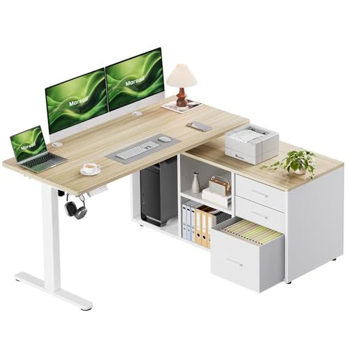 Marsail L-Shaped Executive Standing Desk with File Cabinet, 55" x 24" Electric Height Adjustable Stand up Desk, One-Whole Piece Desktop, Home Office Modern Computer Deskwith 4 Memory Presets Marsail