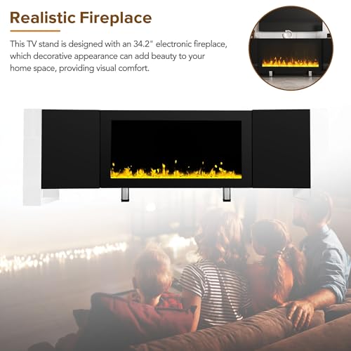 Modern TV Stand with 34.2" Non-Heating Electric Fireplace, High Gloss Entertainment Center with 2 Cabinets, Media Console for TVs up to 78" QSOSTNS