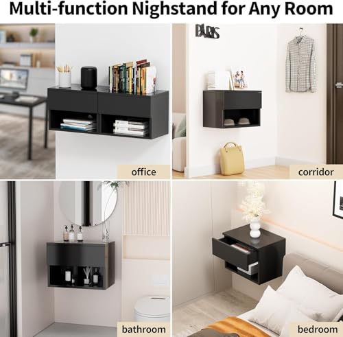 Floating Nightstand, Modern Wall Mounted Bedside Table with Drawer, Wood Bedside Shelf & Desk, End Table Wood Modern Night Stand for Bedroom (Black UI1, Set of 2) Kiseely