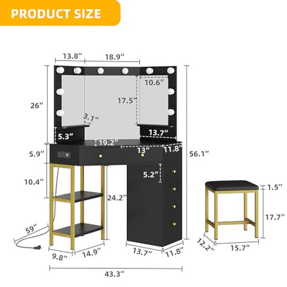 DWVO Makeup Vanity Desk w/Hollywood Bulbs Mirror & Power Outlet, 43" L Shaped Black Vanity Set 3 Color Lighting Mode Adjustable Brightness＆ 6 Drawers, Shelves, Corner Vanity Table w/Bench for Girl