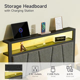 Z-hom Storage Headboard with Charging Station Twin Bed Frame, LED Bed with Upholstered Headboard and Footboard, Metal Platform Bed with 2-Tier Shelves, Easy Assembly, No Box Spring Needed, Noise Free Z-hom