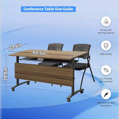 Folding Conference Room Tables,55" Flip Top Seminar Conference Tables,Foldable Meeting Table with Silent Wheels,Office Rolling Modular Meeting Room Table Mobile Training Tables (Walnut, 4 pack) Vlemkk