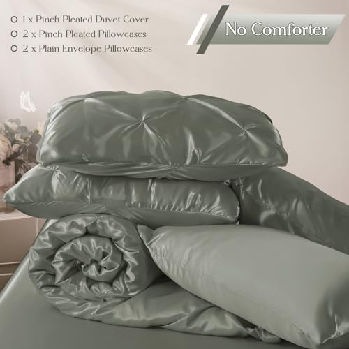 Heywaller 5-Piece Pinch Pleat Duvet Cover Set, Pintuck Duvet Cover Full Size with Zipper, Gray Satin Duvet Cover Shabby Chic Bedding (2 Pillow Shams + 2 Pillowcases), No Comforter Heywaller