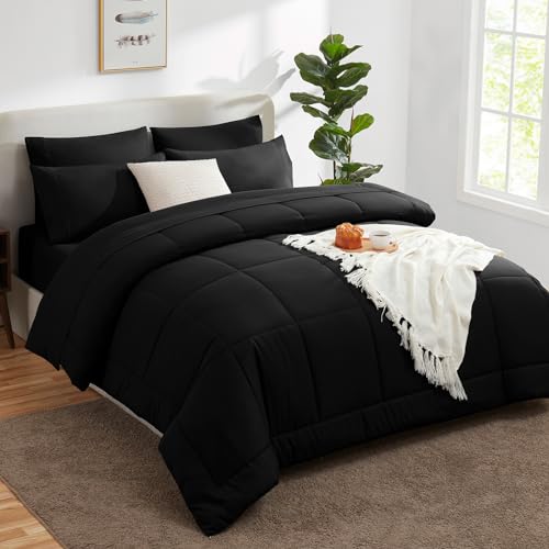 CozyLux Twin XL Comforter Set Black, 5 Pieces Twin Extra Long Bed in a Bag for College Dorm, All Season Bedding Set with Stitch Quilted Comforter, Flat Sheet, Fitted Sheet, Pillowcases CozyLux