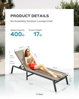 Patio Chaise Lounge Chair, Foldable Lounge Chair for Outside, Aluminum Chairs Set of 2 with 5 Adjustable Backrest, Outdoor Pool Lounger for Poolside, Lawn, Deck, Khaki