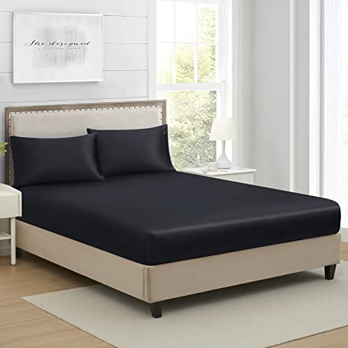Queen Silk Satin Fitted Sheet, Soft Deep Pocket Single Bottom Bed Sheets Sold Separately, Wrinkle Free, Non- Fading, Breathable, Fully Elasticized(Queen Size, Black) Lanest Housing