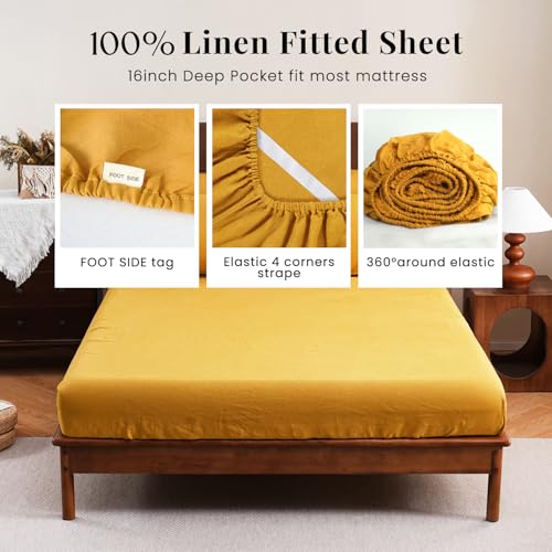 S VICTORY SYMBOL 100% Organic French Linen Bed Sheet Set,Natural Pure Flax with Stone Washed Bedding Set Full Size,Ultra Soft Luxurious 4 Pieces Sheets Set(Yellow,Full) S VICTORY SYMBOL