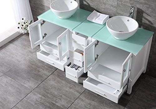 wonline 60" White Double Wood Bathroom Vanity Cabinet and Round Ceramic Sink w/Mirror Combo Wash Basin with Faucet (Round Bowl) wonline