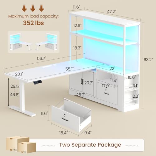 SEDETA 56.7" L Shaped Standing Desk, Reversible Computer Office Desk with Drawers & Hutch, Stand Up Corner Gaming Desks with LED Lights & Power Outlets for Home Office, White SEDETA