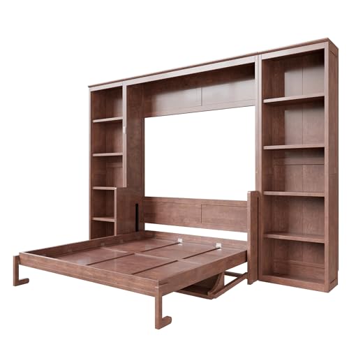 SOFTSEA Queen Murphy Bed with Desk and Storage, Wood Foldable Wall Bed Frame with Bookcase Shelves, Hidden Wall Bed Cabinet for Adult, Guest Room, Dark Brown SOFTSEA