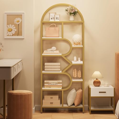 Garvee Bookshelf 6 Tier Arched, Bookcase 82 in Tall Display Racks, Geometric Open Storage Shelf, Book Rack Metal Frame Large Modern Bookshelf for, Living Room, Home, Office, Gold+White Garvee