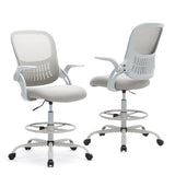 Sweetcrispy Tall Drafting Office Desk Chair - Ergonomic High Stool Computer Chair with Adjustable Height and Comfy Lumbar Support, Rolling Counter Height Chairwith Flip-up Arm and Footrest, Grey Sweetcrispy